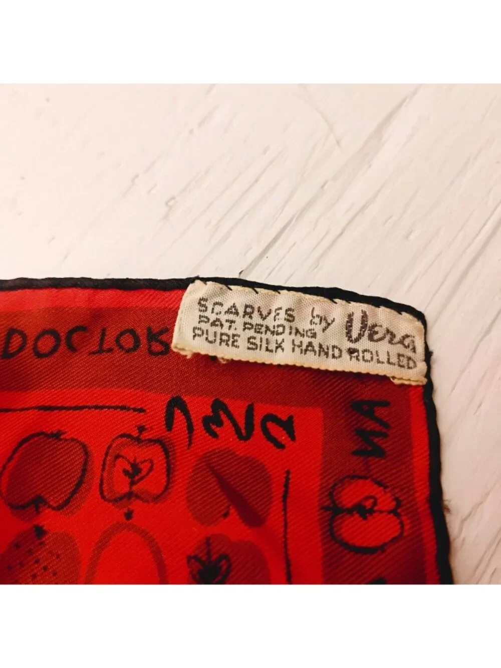 Vtg 1960's Vera Neumann Pure Silk Red Apple A Day Keeps The Doctor Away Scarf